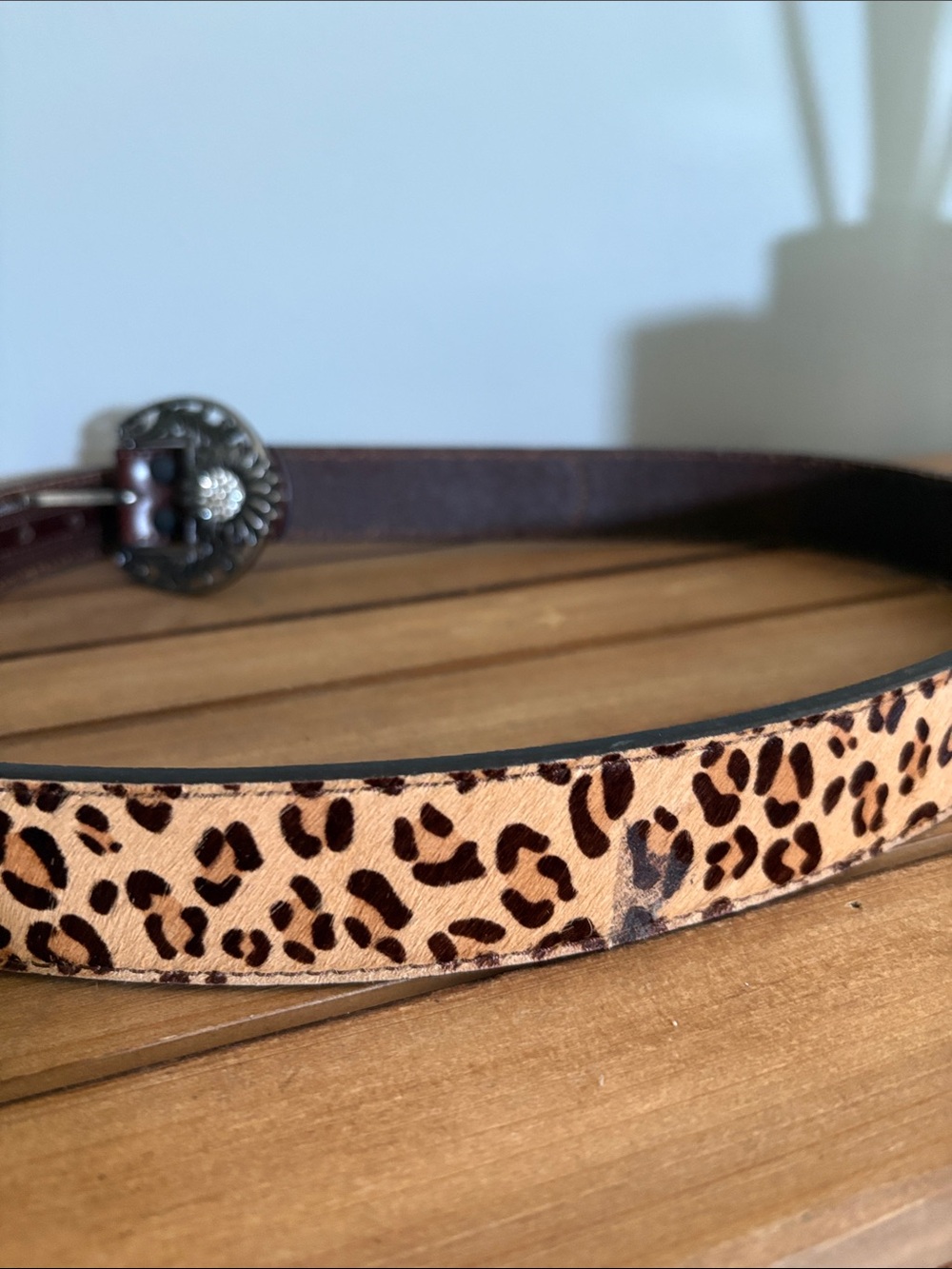 Tooled Leather Floral Buckle Belt with Leopard Print - Brown/Tan - Picture 6 of 6